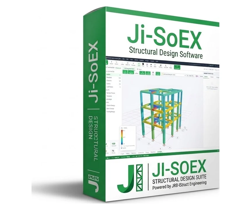 JI-SoEX product box — Structural Design Suite showing a 3D analysis model