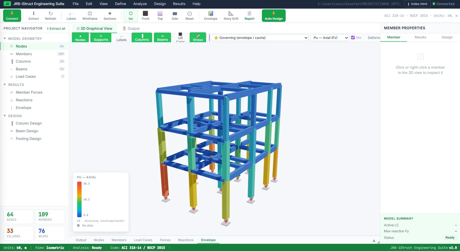 3D frame colored by axial force envelope