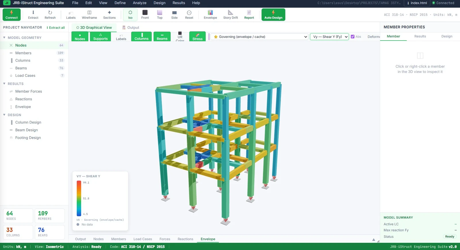 3D frame colored by shear Y envelope